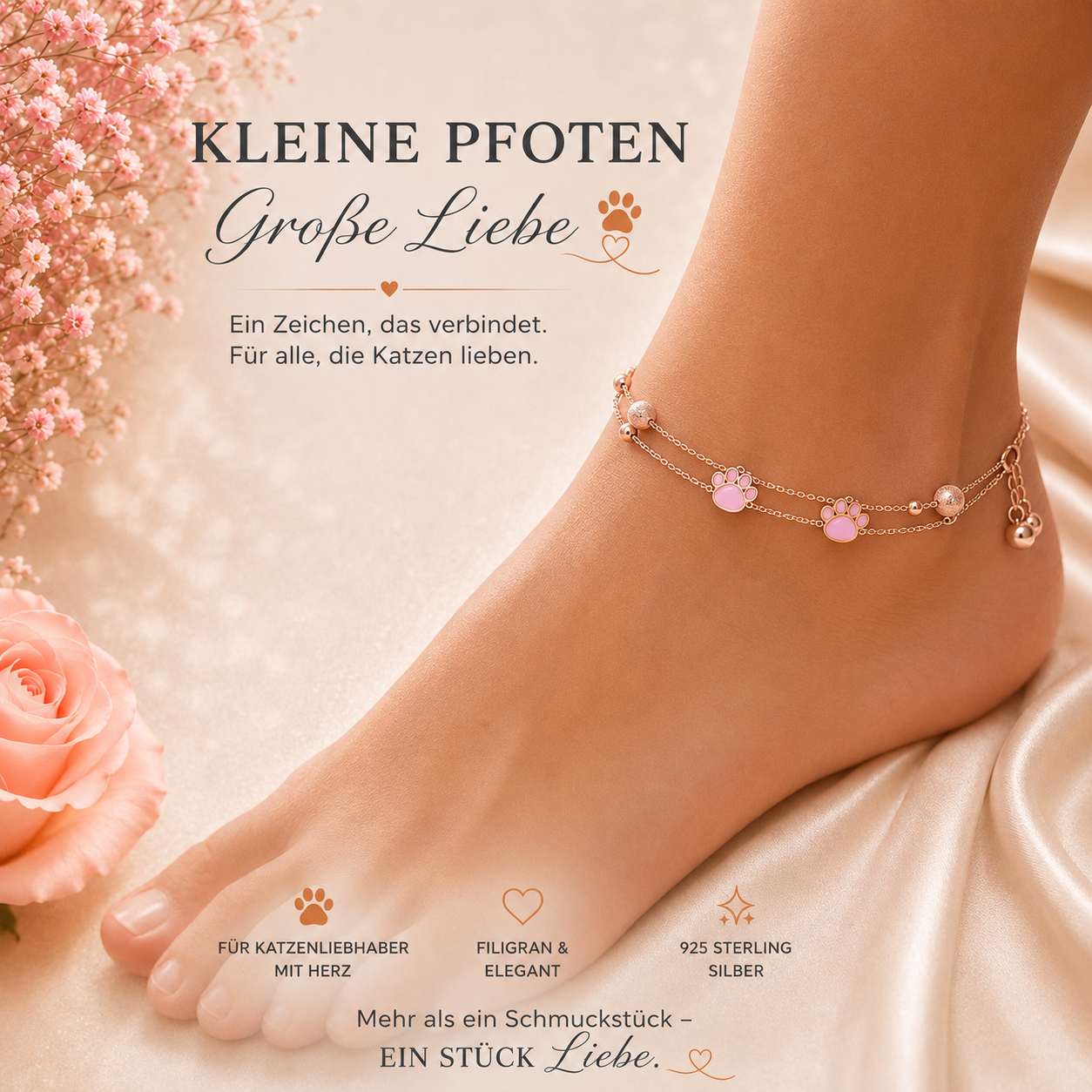 #Katzenliebe – Kleine Pfoten, große Liebe - 925 STERLING SILBER FUSSKETTCHEN